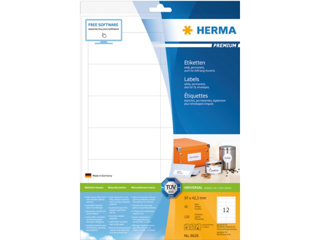 Etiket Herma 8628 97x42.3mm premium wit 120stuks