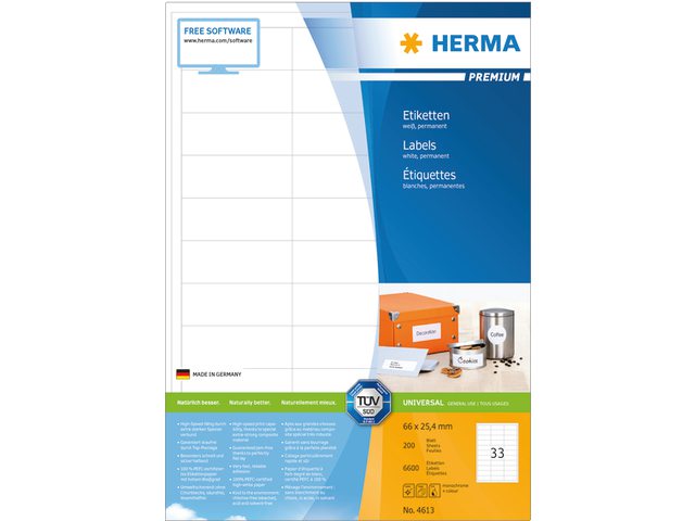 Etiket Herma 4613 66x25.4mm premium wit 6600stuks
