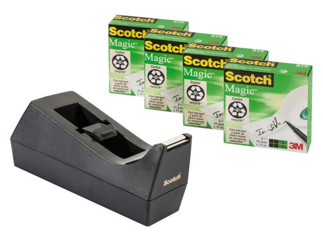 Plakbandhouder Scotch C38 + 4rol magic tape 19mmx33m zwart