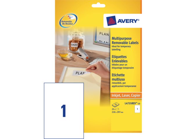 Etiket Avery L4735REV-25 210x297mm A4 afneembaar wit 25stuks