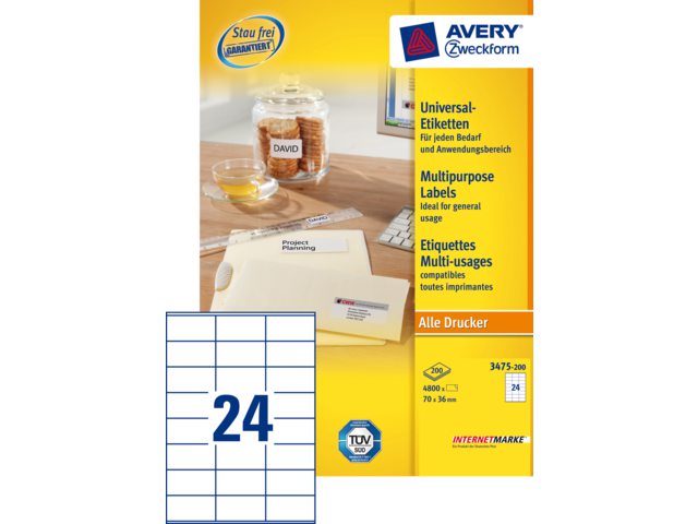 Etiket Avery Zweckform 3475 70x36mm wit 4800stuks