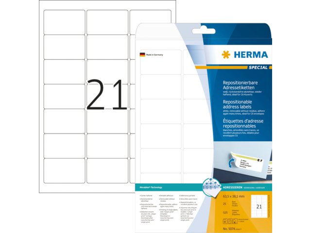 Etiket Herma 5074 63.5x38.1mm verwijderbaar wit 525stuks