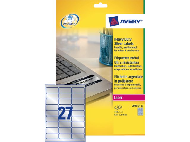 Etiket Avery L6011-20 63.5x29.6mm zilver 540stuk