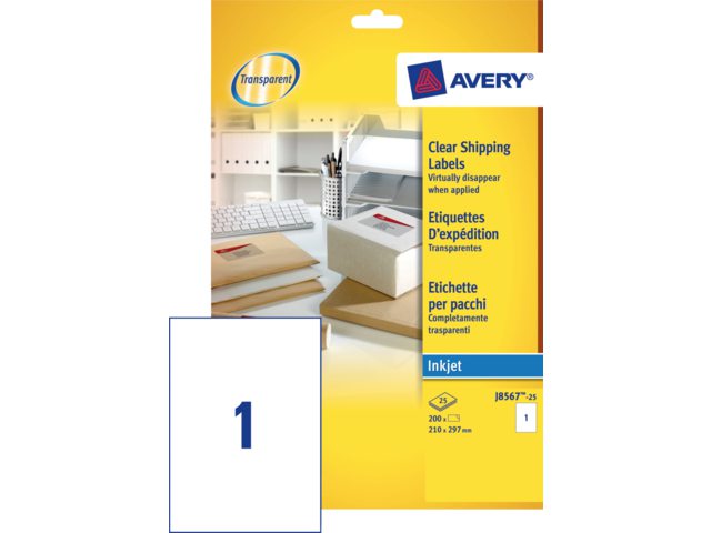 Etiket Avery J8567-25 210x297mm A4 transparant 25stuks