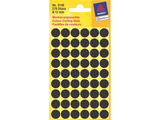 Etiket Avery Zweckform 3140 rond 12mm zwart 270stuks